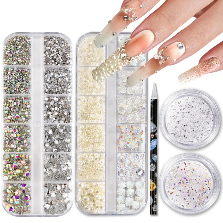 Nail Rhinestones and Pearls Nail Charms, HAOZHER 11000 PCS Crystals Nail Gems and Rhinestones for Nails, 4 Box Nail Jewels for Nail Art Rhinestones K