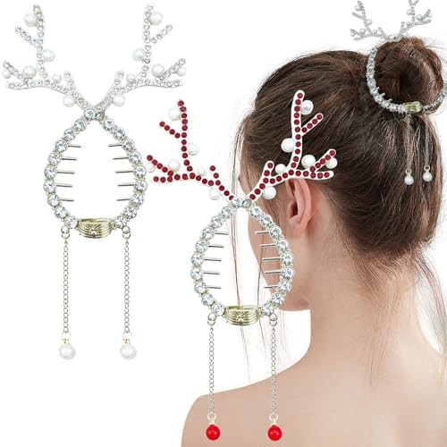 2 PCS Christmas Reindeer Ponytail Bun Holder, Metal Banana Hair Clips Strong Hold Decorative Hair Claw Clips Xmas Hair Jaw Clips Rhinestone Hair Barr