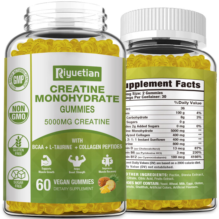 Riyuetian Creatine Monohydrate Gummies, Creatine for Men & Women, Chewable
