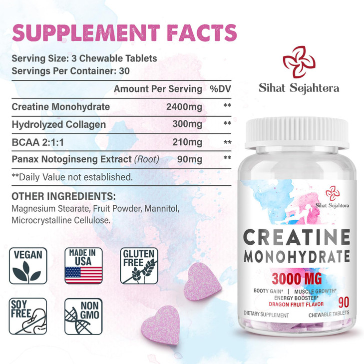 3000 MG Creatine Monohydrate for Women & Men, Creatine Pills with BCAA &