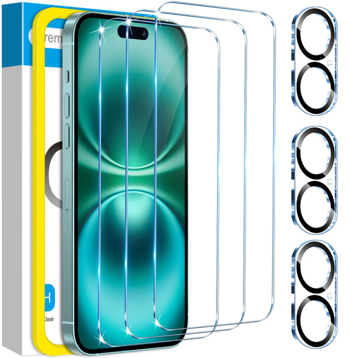 Fotbor for 3Pack iPhone 16 Plus Screen Protector with 3Pack Camera Lens Protector, 9H+ Tempered Glass Easy Installation Kit, Case Friendly iPhone 16