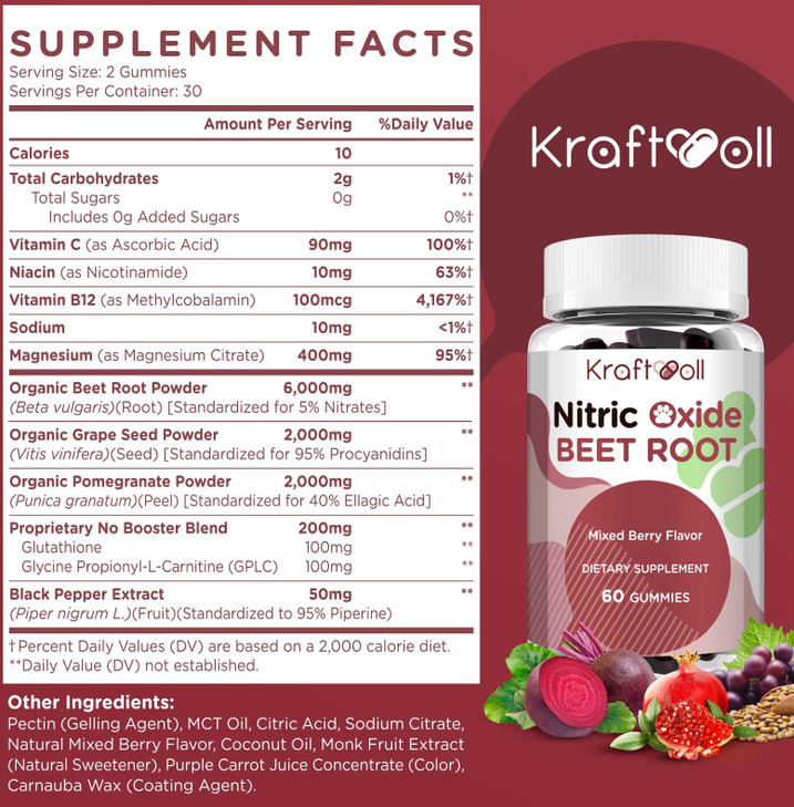 Kraftvoll Nitric Oxide Beet Root Gummies with Grapeseed Powder, Pomegranate