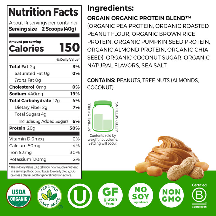 Orgain Organic Simple Vegan Protein Powder, Peanut Butter