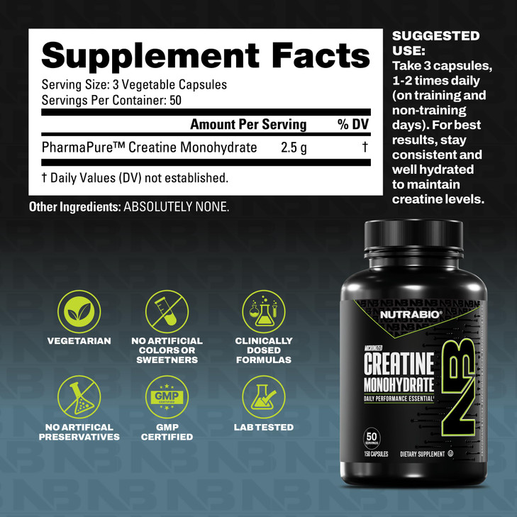 NutraBio Pure Micronized Creatine Monohydrate Capsules, Creatine Pills, Supports