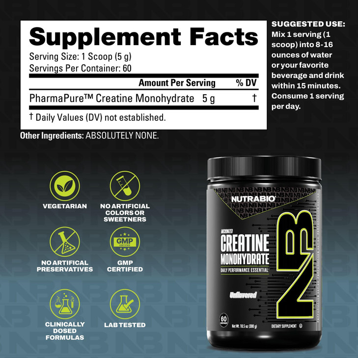 NutraBio Pure Micronized Creatine Monohydrate Powder Supplement, Unflavored