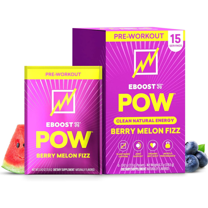 EBOOST POW Natural Pre Workout Powder - 15 Packets, Berry Melon Fizz