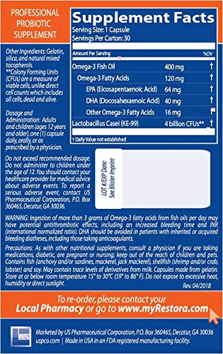 Restora Probiotic Supplement -Immunity Booster-Patented probiotic w|Omega 3, Gut