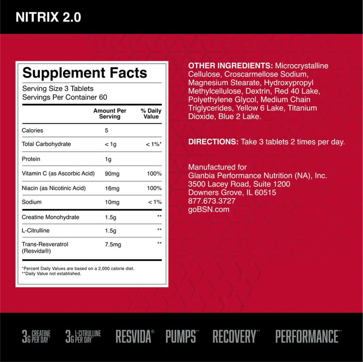 BSN NITRIX 2.0, Workout Supplement, Nitric Oxide Precursors, 3g Creatine, 3g L