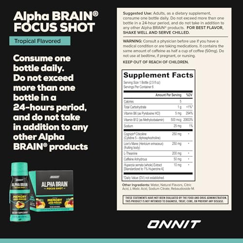 ONNIT Alpha Brain Focus Shot, Tropical Flavor, Nootropic Dietary Supplement