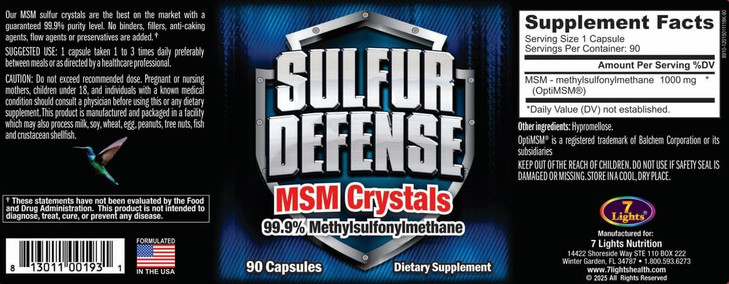 Sulfur Defense Opti-MSM 99.9% Pure MSM Powder Capsules, Made in USA, Organic
