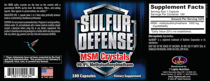 Sulfur Defense Opti-MSM 99.9% Pure MSM Powder Capsules, Made in USA, Organic