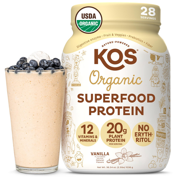 KOS Vegan Protein Powder Erythritol Free, Vanilla USDA Organic