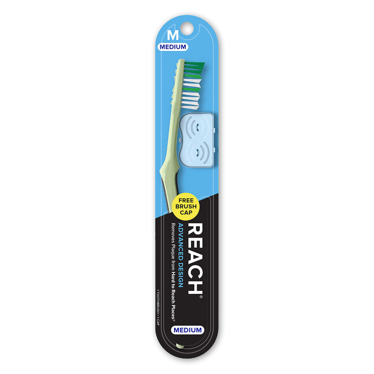 REACH Advanced Design Toothbrush with Toothbrush Cap, Angled Neck, Medium Bi-Level Bristles, Contoured Handle, Tongue Scraper