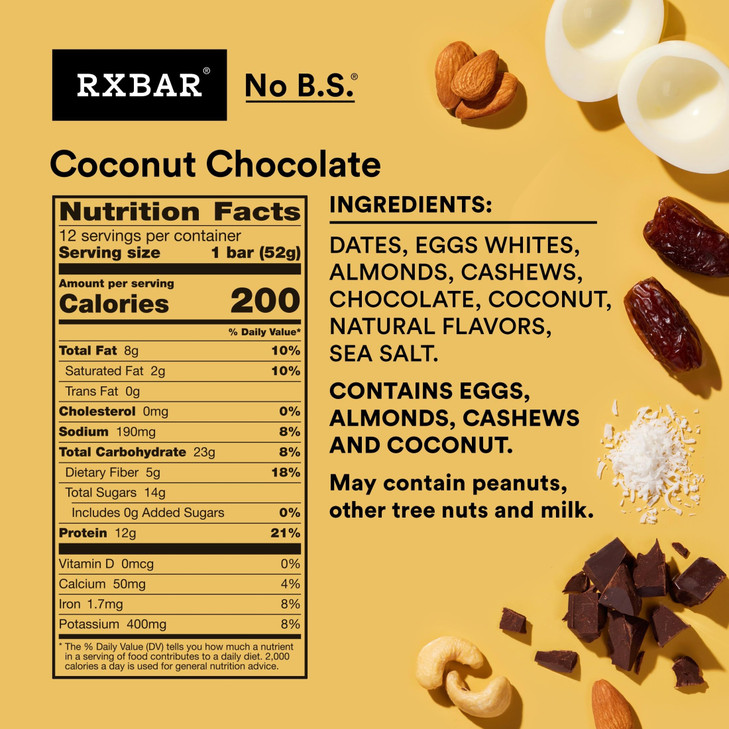 RXBAR Protein Bars, Protein Snack, Snack Bars, Coconut Chocolate, 22oz Box (12