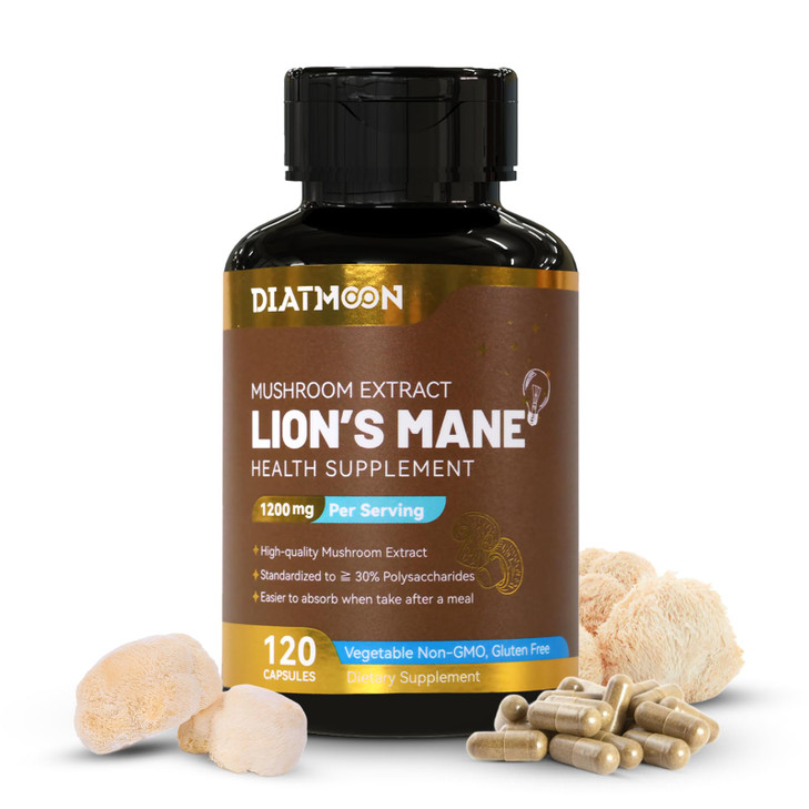 DIATMOON Lions Mane Supplement Capsules, Lion Mane Mushroom 1200mg, Brain &