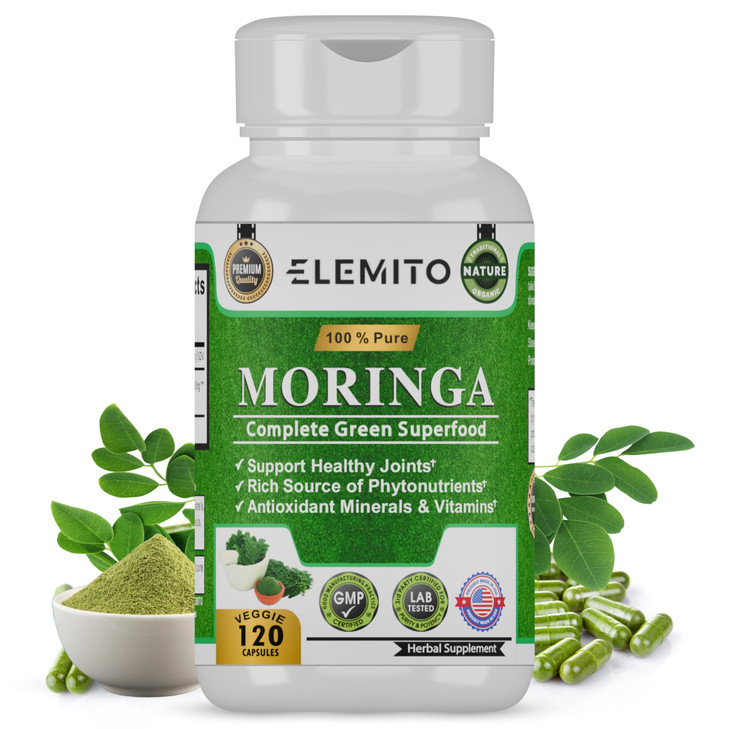 ELEMITO Moringa Capsules, Pure Leaf Powder, Green Superfood, Energy, Metabolism