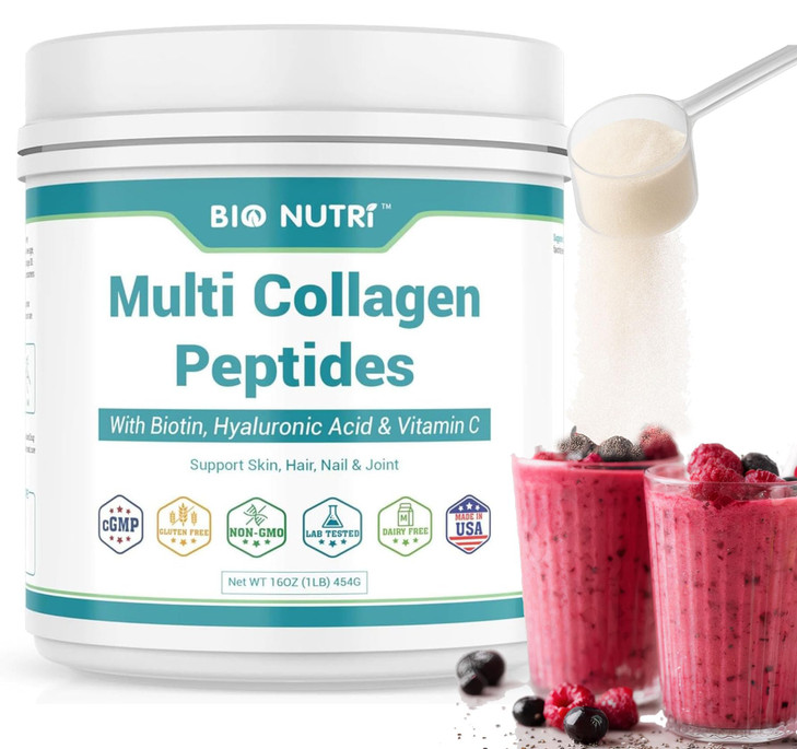 BIO NUTRI Collagen Peptides Powder Multi-Type (I, II, III, V, X) with Biotin &