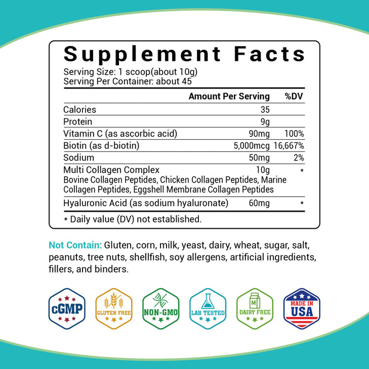 BIO NUTRI Collagen Peptides Powder Multi-Type (I, II, III, V, X) with Biotin &