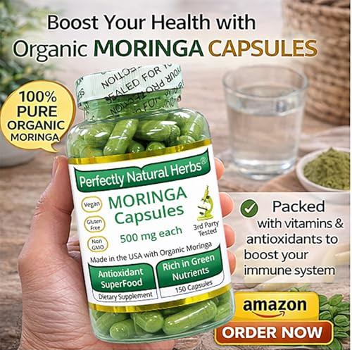 150 Moringa Capsules Made With USDA Certified Organic Moringa Leaf Powder, Net