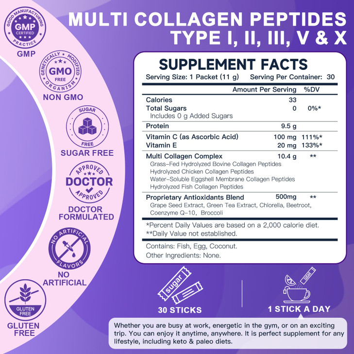 DRFOSTER Collagen-Peptides-Powder-Packets - Multi Type I II III