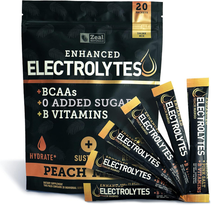 Enhanced Electrolyte Powder (Peach Mango 20pk.) w 0 Sugar +BCAAs +B-Vitamins