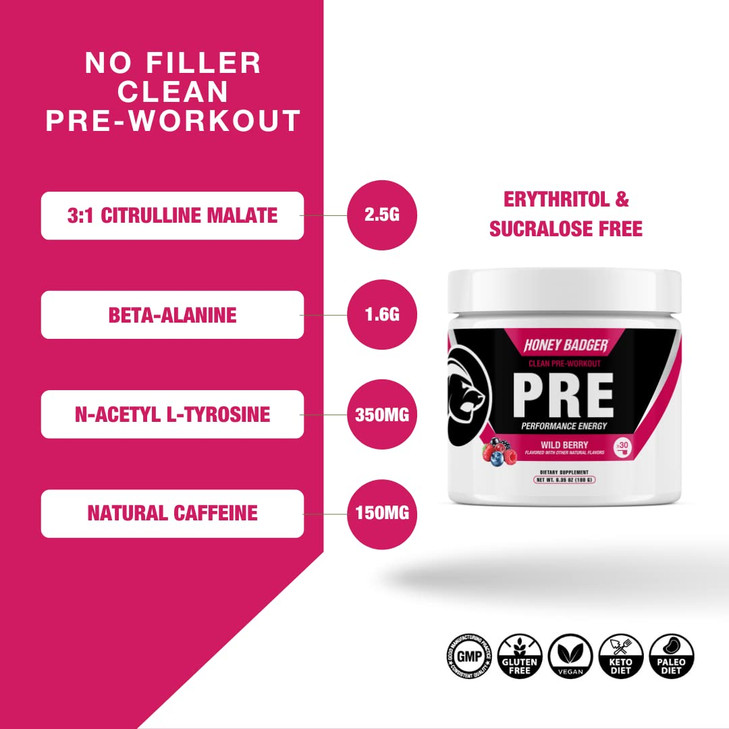 Honey Badger Pre Workout Powder, Keto Vegan Preworkout for Men & Women, Beta