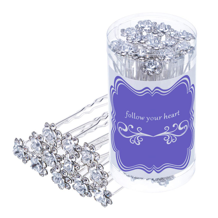 eBoot 40 Pack Crystal Hair Pins Rose Flower Rhinestone Hair Clips for Bridal Wedding Women Hair Jewelry Accessories, with Storage Bag (White)