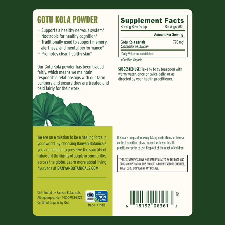 Banyan Botanicals Gotu Kola Powder - Organic Brahmi (Centella Asiatica)