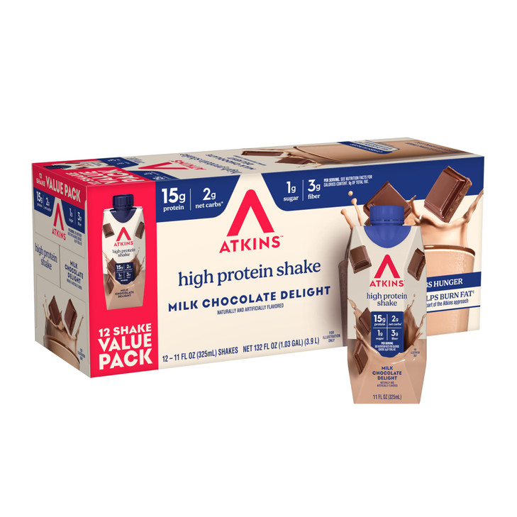 Atkins Milk Chocolate Delight High Protein Shake, 15g Protein, 2g Net Carb, 1g