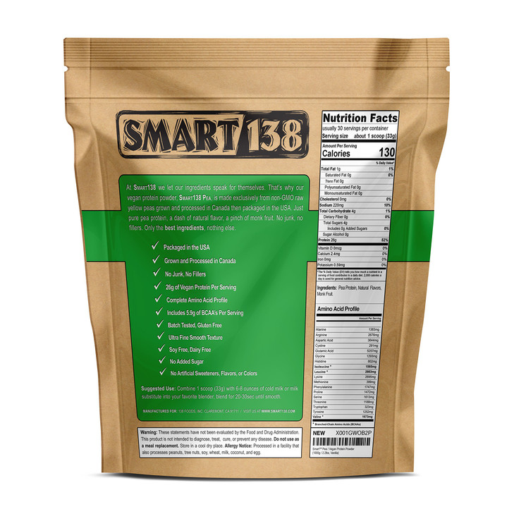 Smart138 Vanilla Pea Protein, Ultra-Fine Powder, Vegan, Gluten-Free, Soy-Free