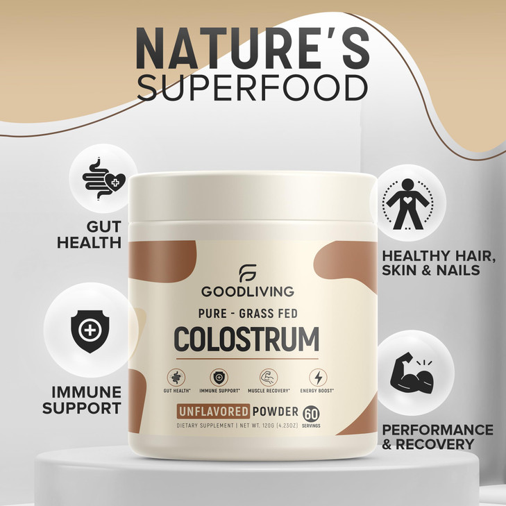 GoodLiving Grass Fed Colostrum Powder for Immune Support, Gut Health, Muscle