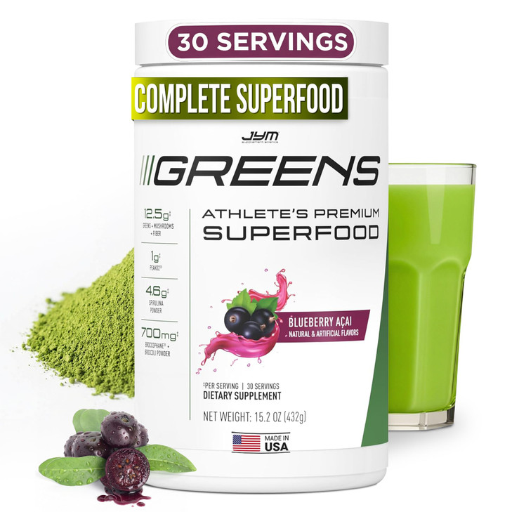 JYM Greens Super Food Powder for Performance, Blueberry Acai, Spirulina