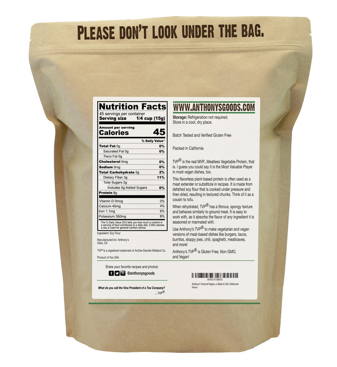 Anthony's Textured Vegetable Protein, TVP, 1.5 lb, Gluten Free, Vegan, Made