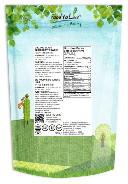 Food to Live Organic Black Elderberry Juice Powder, 1 Pound Non-GMO, Made