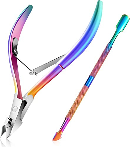 Easkep Cuticle Trimmer with Cuticle Pusher, Cuticle Remover Professional Stainless Steel Cuticle Cutter Nippers Rainbow Sharp Sturdy Pedicure Manicur