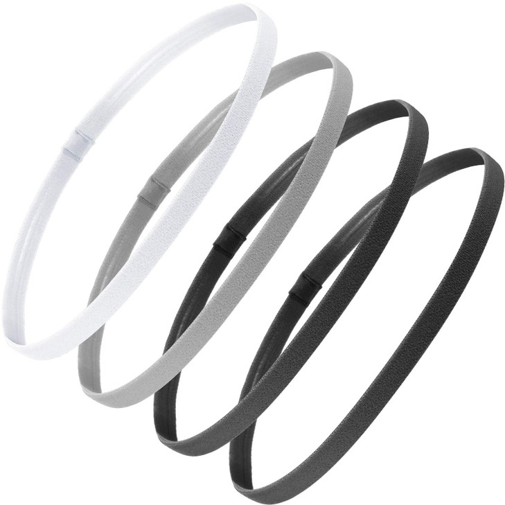 Bememo 4 Pieces Thick Non-Slip Elastic Sport Headbands Hair Headbands for Women and Men (Black, Gray, White)
