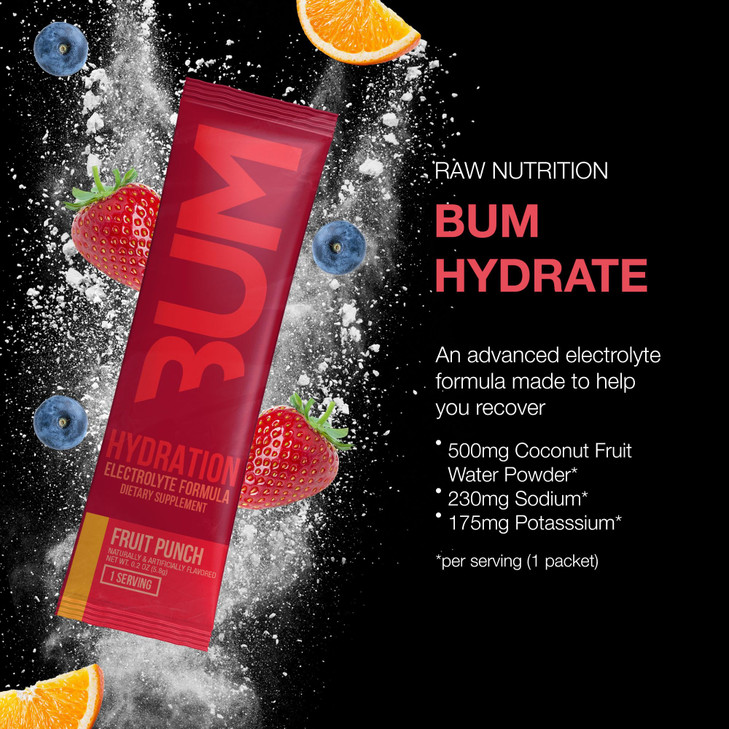 RAW Electrolytes Powder Hydration Drink Mix Packets, BUM Hydrate (Fruit Punch