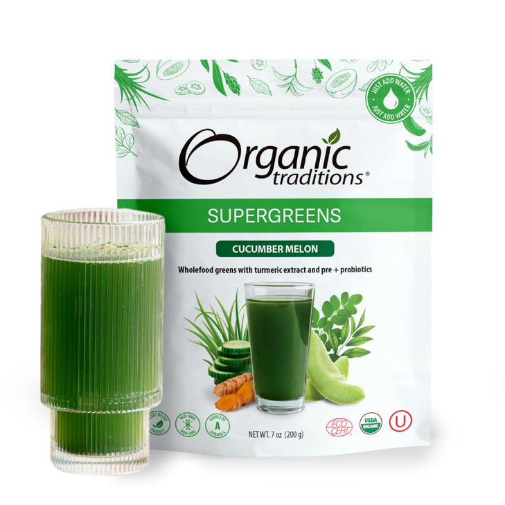 Organic Traditions Super Greens Powder with Turmeric, Cucumber Melon Flavored