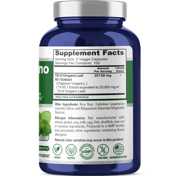 NusaPure Oregano Oil Extract 20000mg - 200 Veggie Powder Capsules