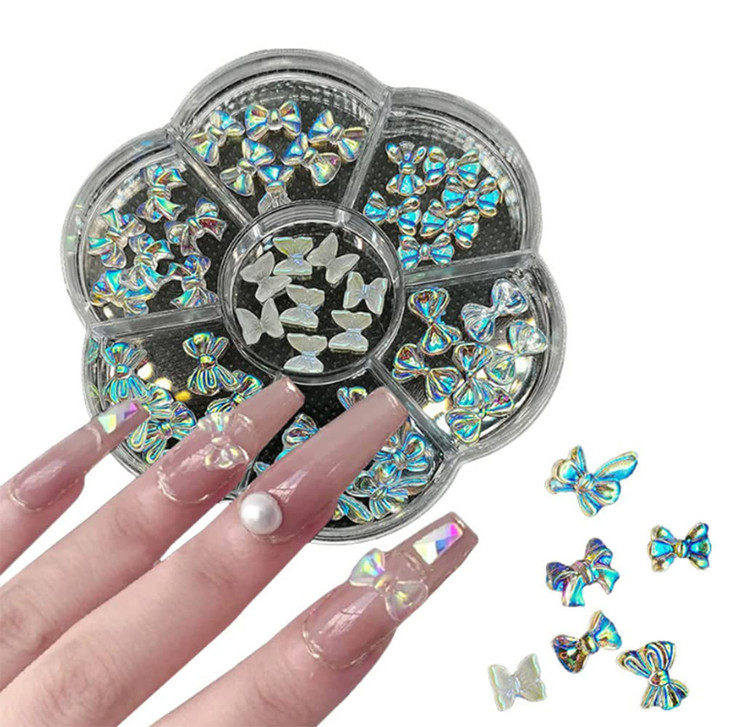 AKOAK 1 Box (42 Pieces) Holographic Butterfly Acrylic Nail 3D Butterfly Nail, Girl Nail Art Deco Charm, DIY Dazzle Bow Nail Art Deco Accessories
