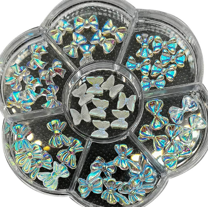 AKOAK 1 Box (42 Pieces) Holographic Butterfly Acrylic Nail 3D Butterfly Nail, Girl Nail Art Deco Charm, DIY Dazzle Bow Nail Art Deco Accessories