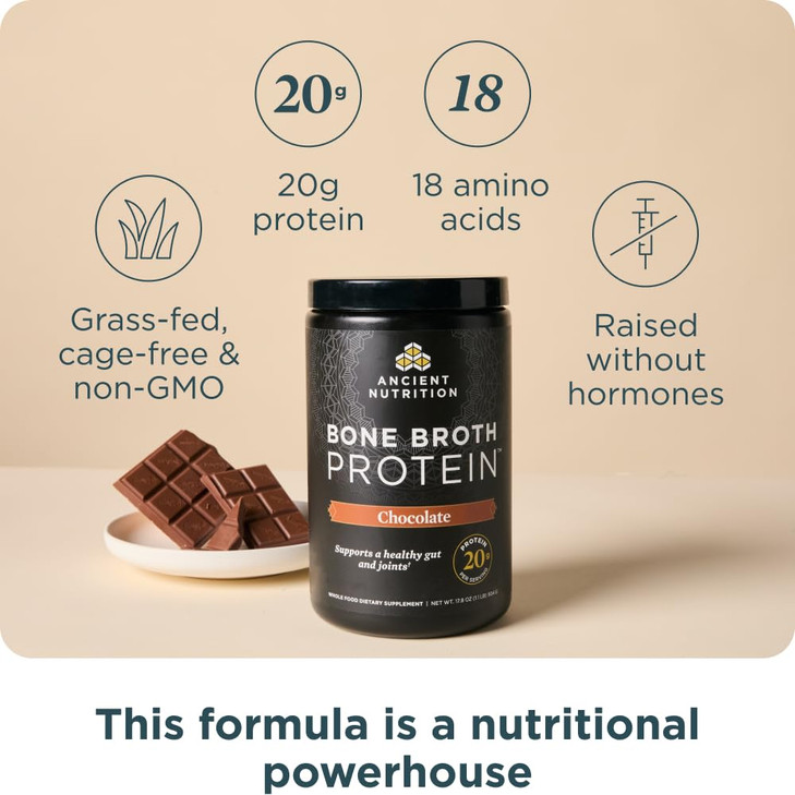 Ancient Nutrition Protein Powder Made from Real Bone Broth, Chocolate, 20g