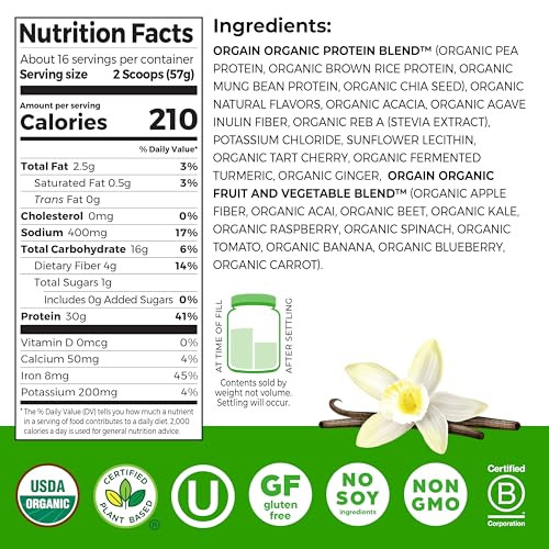 Orgain Organic 30g Vegan Plant Protein Powder, Vanilla, 9g EAAs + BCAAs, High