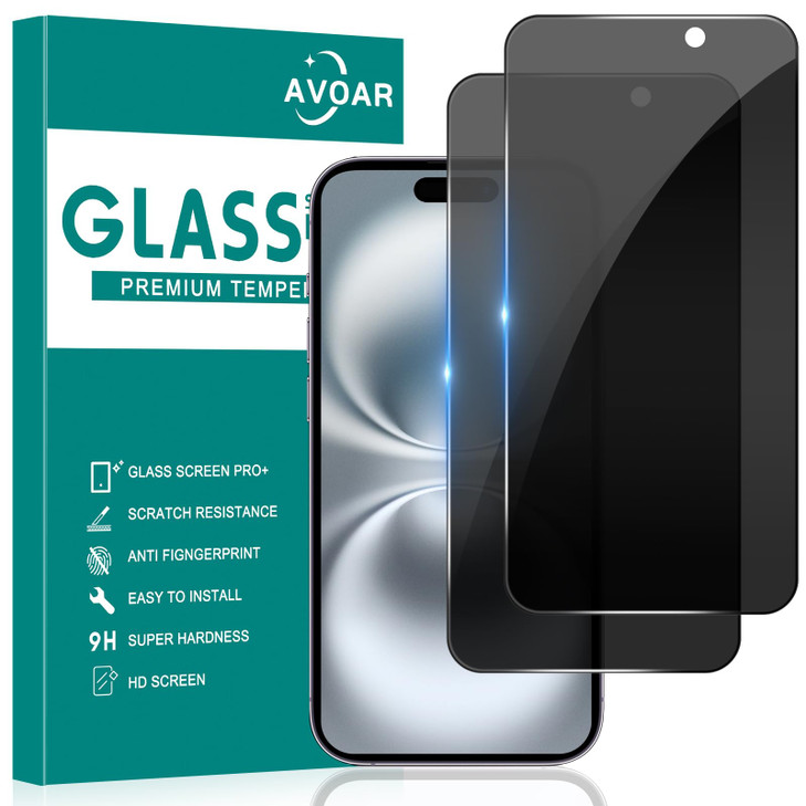 AVOAR 2 Pack Privacy Screen Protector for iPhone 16 Plus, Privacy Screen iPhone 16 Plus 6.7 Inch Tempered Full Screen Glass Film, Anti-Spy, Bubble Fr
