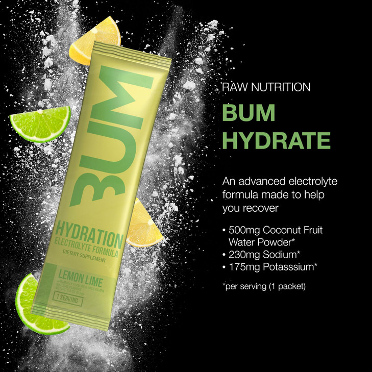 RAW Electrolytes Powder Hydration Drink Mix Packets, Bum Hydrate (Lemon Lime, 20