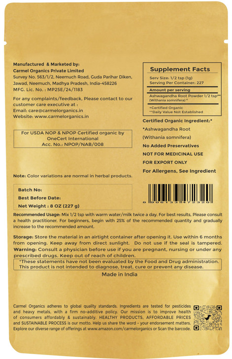 CARMEL ORGANICS Organic Ashwagandha Root Powder (8 Oz or 227g/0.5 Lbs) USDA