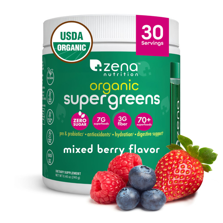 Zena Nutrition Organic Super Greens Powder, 70+ Superfoods, 0 Sugar, 3G Fiber