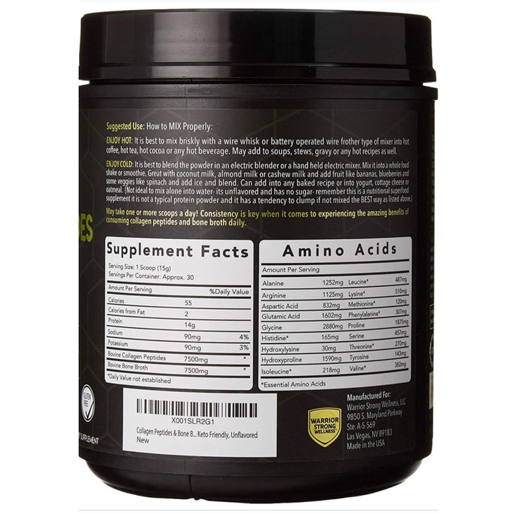 Warrior Strong Wellness Premium Collagen Peptides Bone Broth Powder: Grass Fed