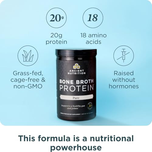 Ancient Nutrition Grass Fed & Cage Free Bone Broth Protein Powder, 20g Protein