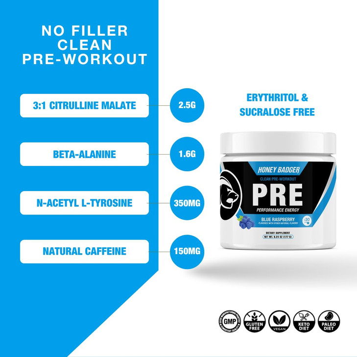 Honey Badger Pre Workout Powder, Keto Vegan Preworkout for Men & Women, Beta